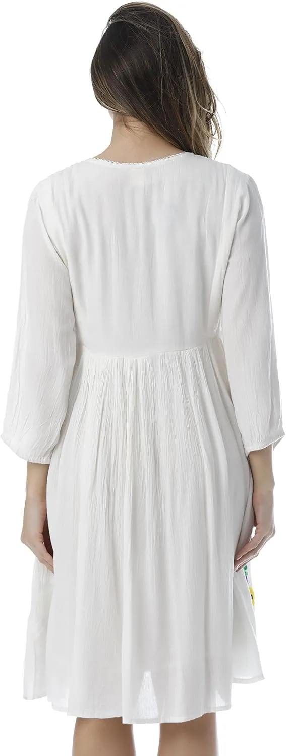 Riviera Sun Floral Embroidered 3/4 Sleeve Button Front Empire Waist Dress