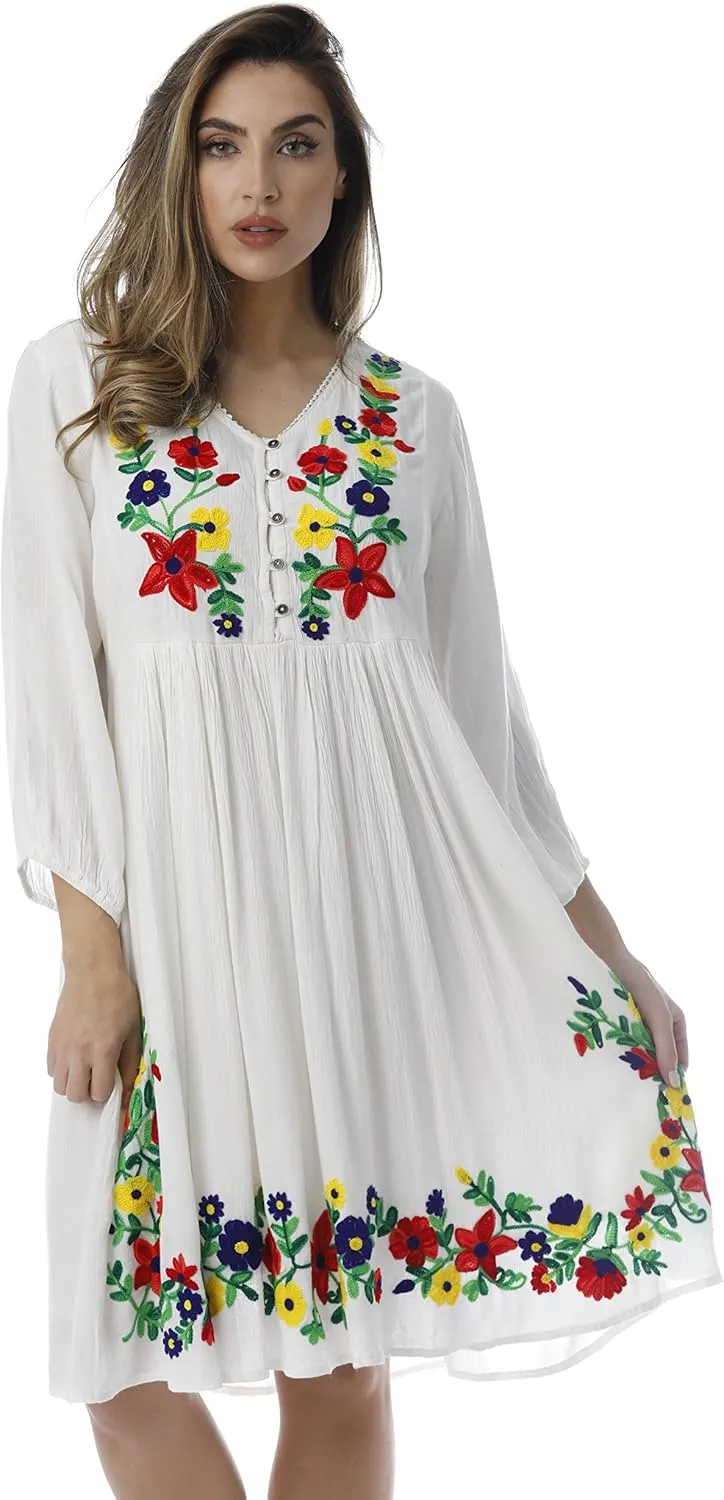 Riviera Sun Floral Embroidered 3/4 Sleeve Button Front Empire Waist Dress