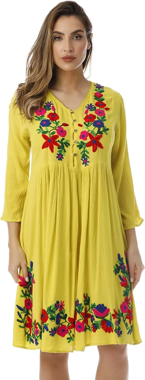Riviera Sun Floral Embroidered 3/4 Sleeve Button Front Empire Waist Dress
