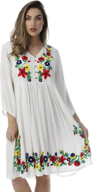 Riviera Sun Floral Embroidered 3/4 Sleeve Button Front Empire Waist Dress