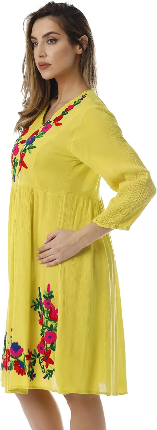 Riviera Sun Floral Embroidered 3/4 Sleeve Button Front Empire Waist Dress