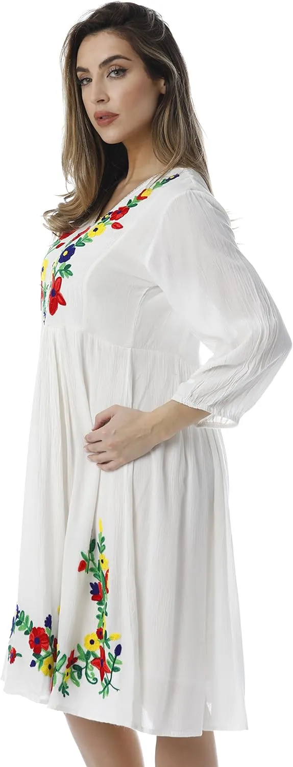Riviera Sun Floral Embroidered 3/4 Sleeve Button Front Empire Waist Dress