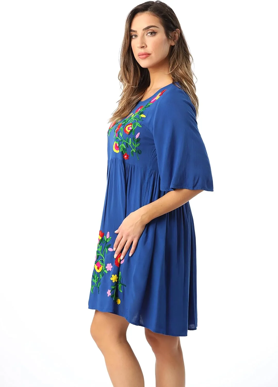 Riviera Sun Rayon Crepe Short Dress with Multicolored Embroidery