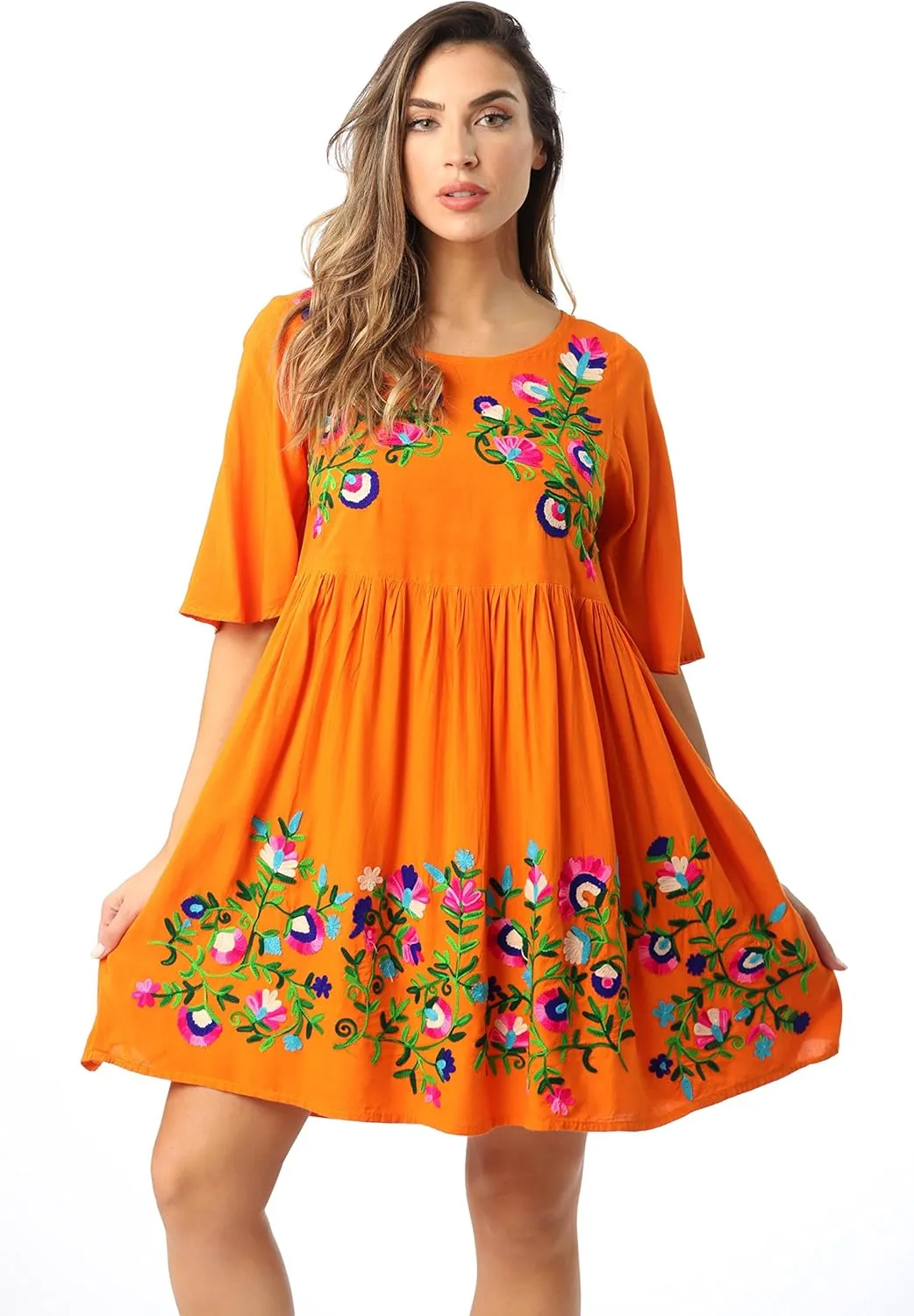 Riviera Sun Rayon Crepe Short Dress with Multicolored Embroidery