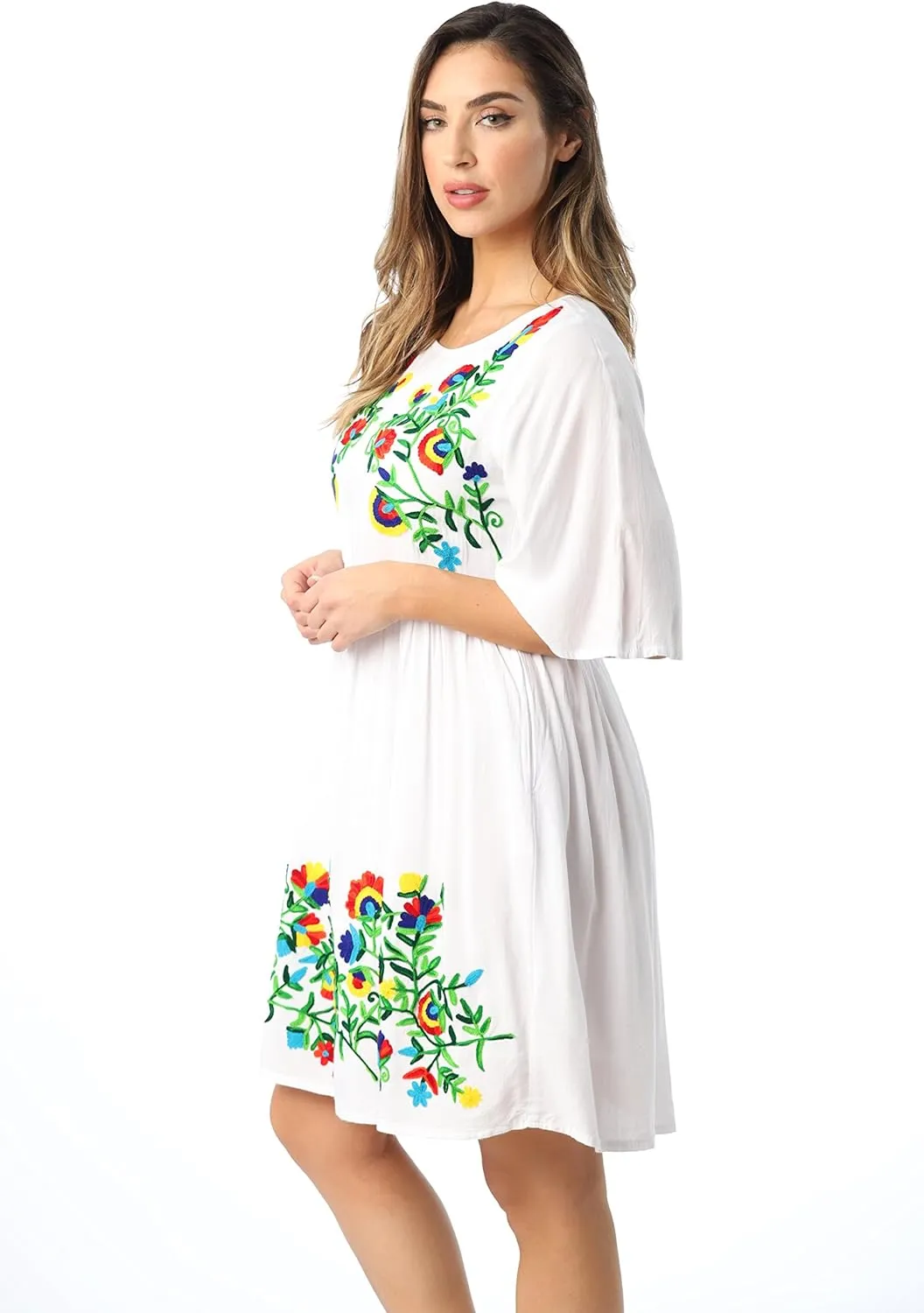 Riviera Sun Rayon Crepe Short Dress with Multicolored Embroidery