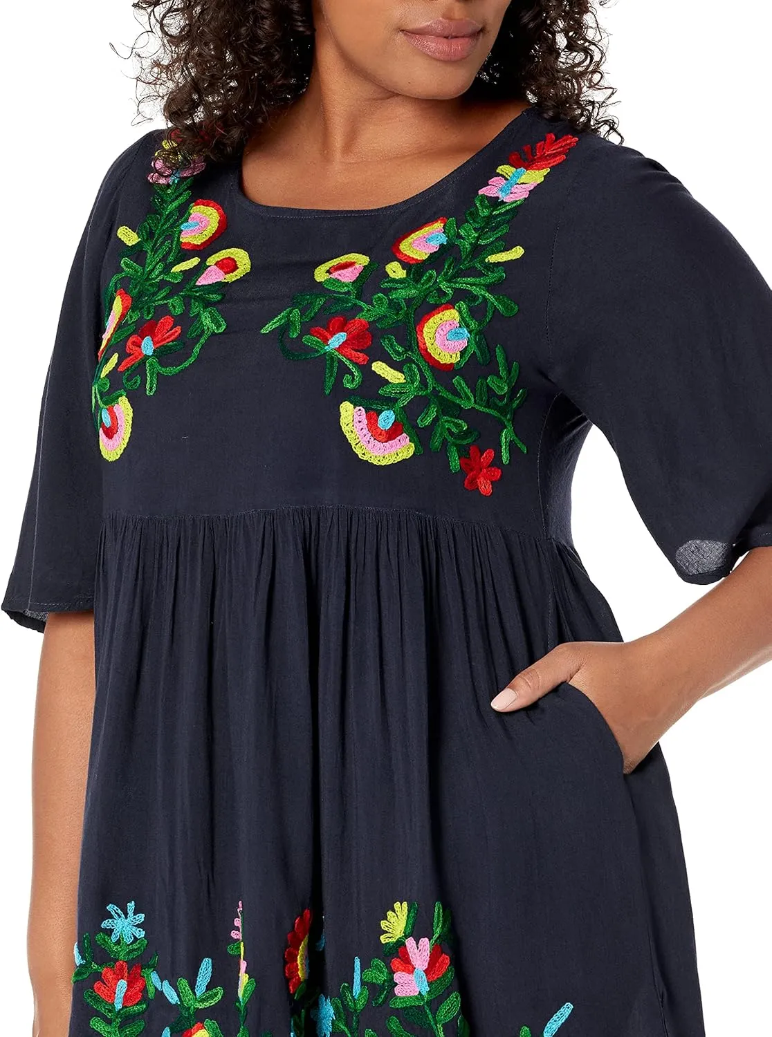 Riviera Sun Rayon Crepe Short Dress with Multicolored Embroidery