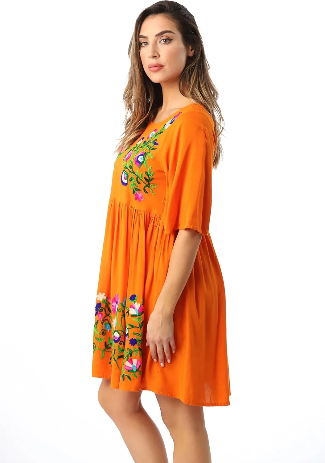 Riviera Sun Rayon Crepe Short Dress with Multicolored Embroidery