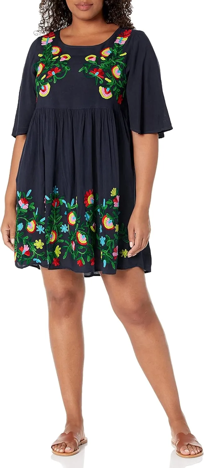 Riviera Sun Rayon Crepe Short Dress with Multicolored Embroidery