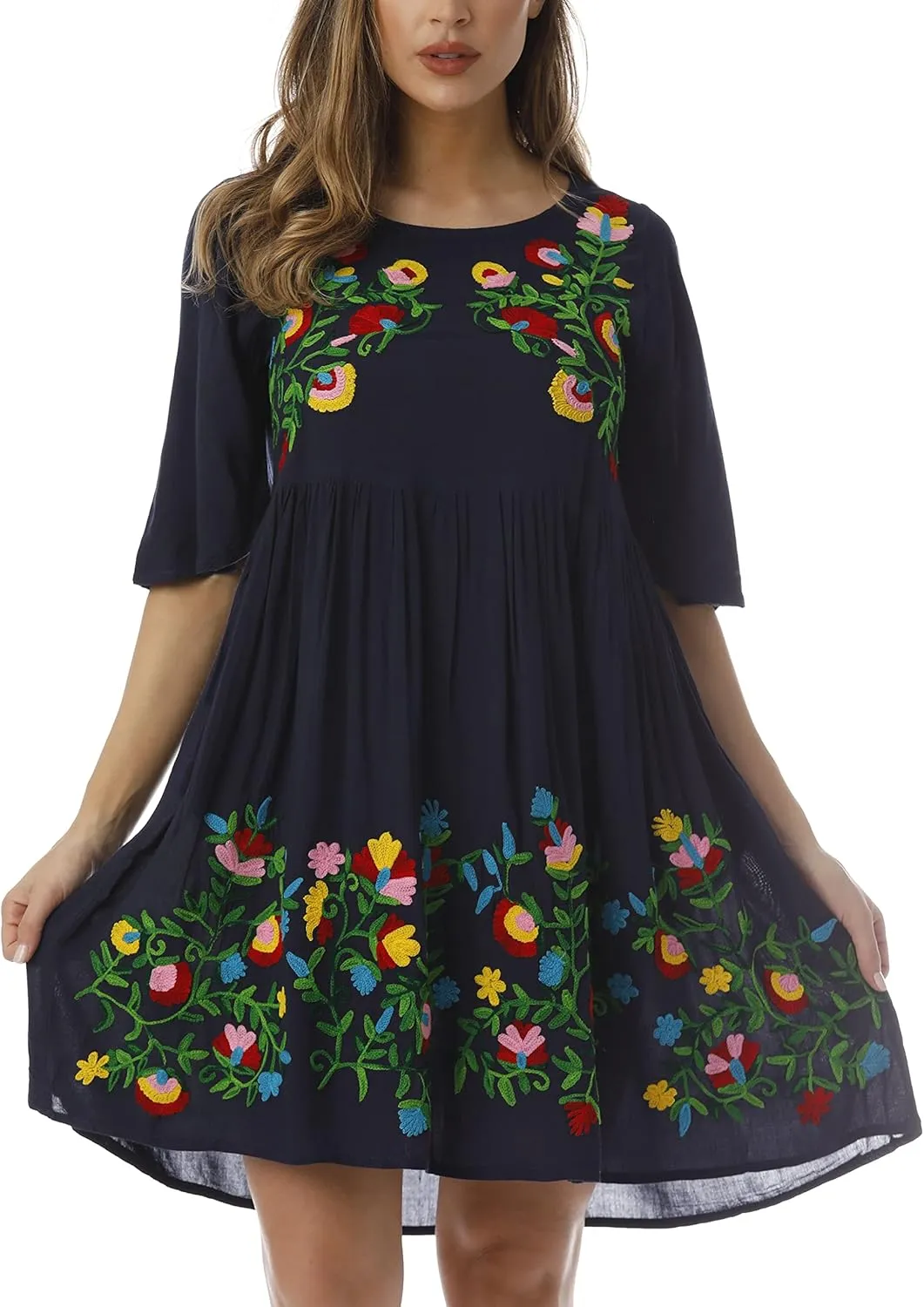 Riviera Sun Rayon Crepe Short Dress with Multicolored Embroidery