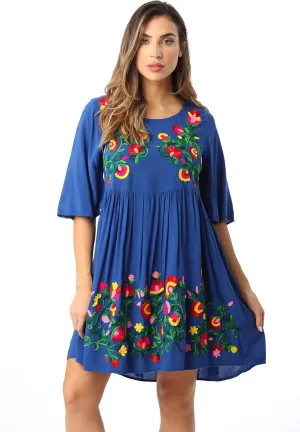 Riviera Sun Rayon Crepe Short Dress with Multicolored Embroidery