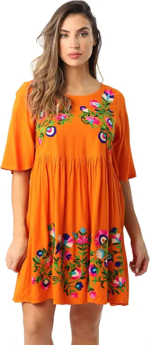 Riviera Sun Rayon Crepe Short Dress with Multicolored Embroidery