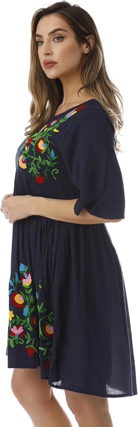 Riviera Sun Rayon Crepe Short Dress with Multicolored Embroidery