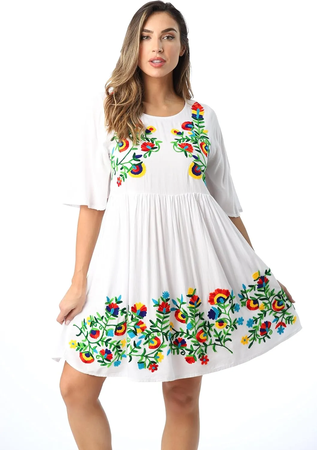 Riviera Sun Rayon Crepe Short Dress with Multicolored Embroidery