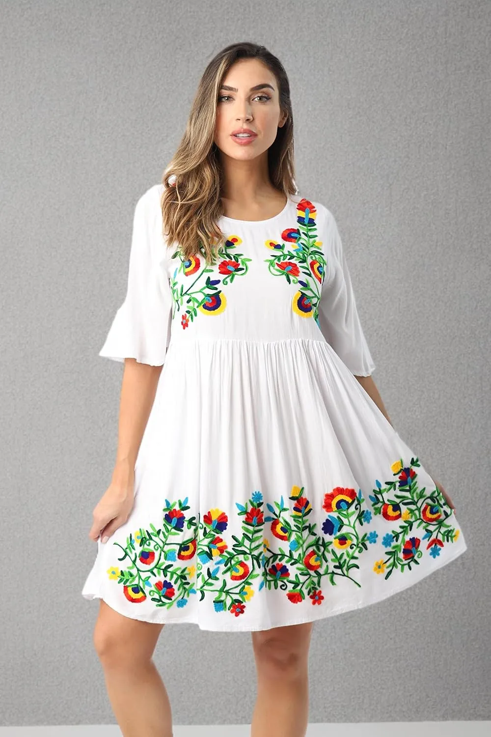 Riviera Sun Rayon Crepe Short Dress with Multicolored Embroidery