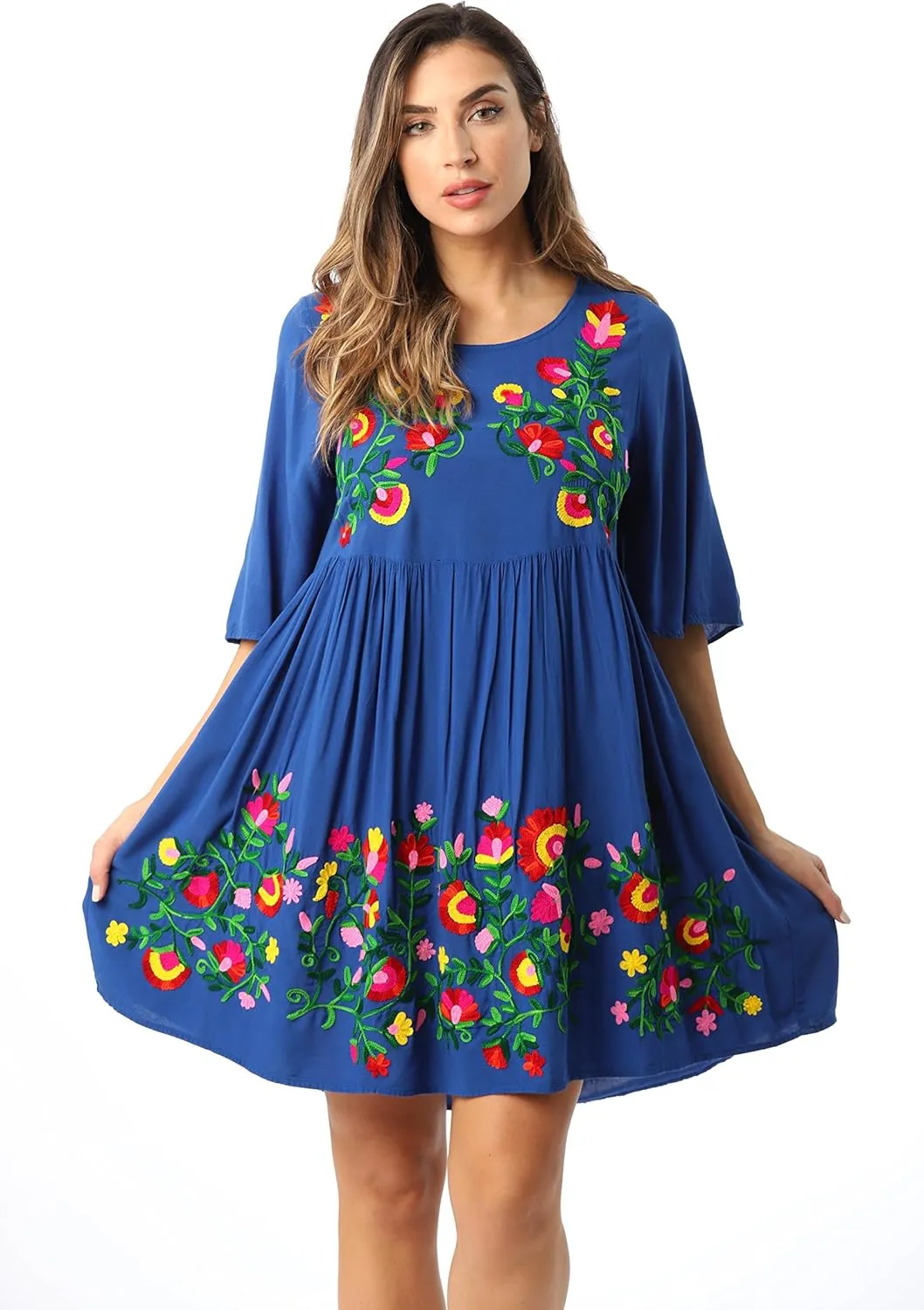 Riviera Sun Rayon Crepe Short Dress with Multicolored Embroidery