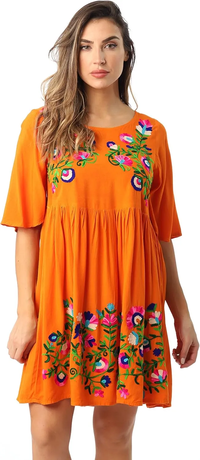 Riviera Sun Rayon Crepe Short Dress with Multicolored Embroidery