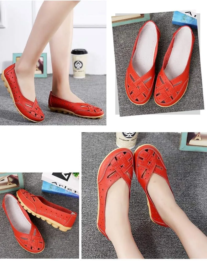 Rojeam Women's Casual Leather Moccasins Slip-on Loafers Boat Shoes Flats Driving Shoes Sandals