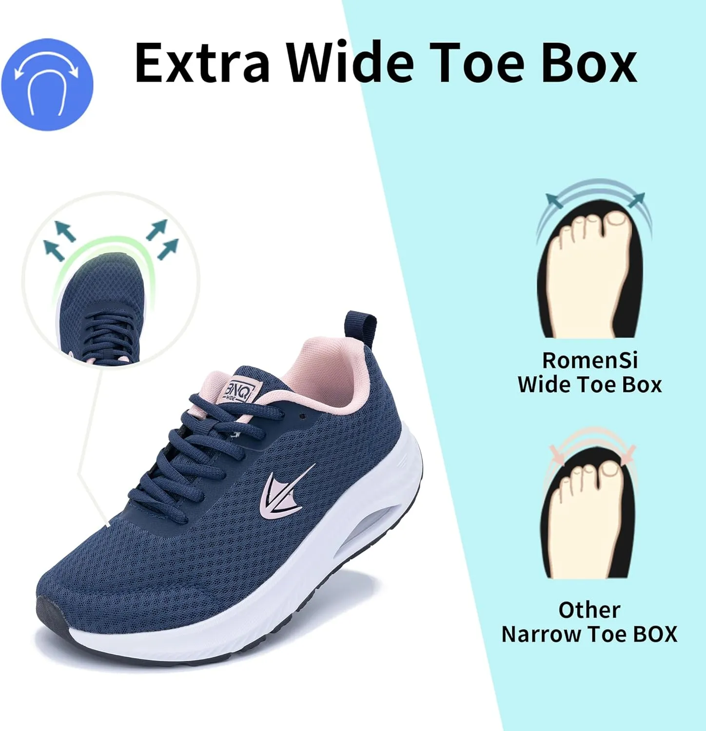 RomenSi Wide Toe Box Shoes Women Arch Support Walking Shoes Air Athletic Tennis Wide Width Sneakers for Plantar Fasciitis US 6-11