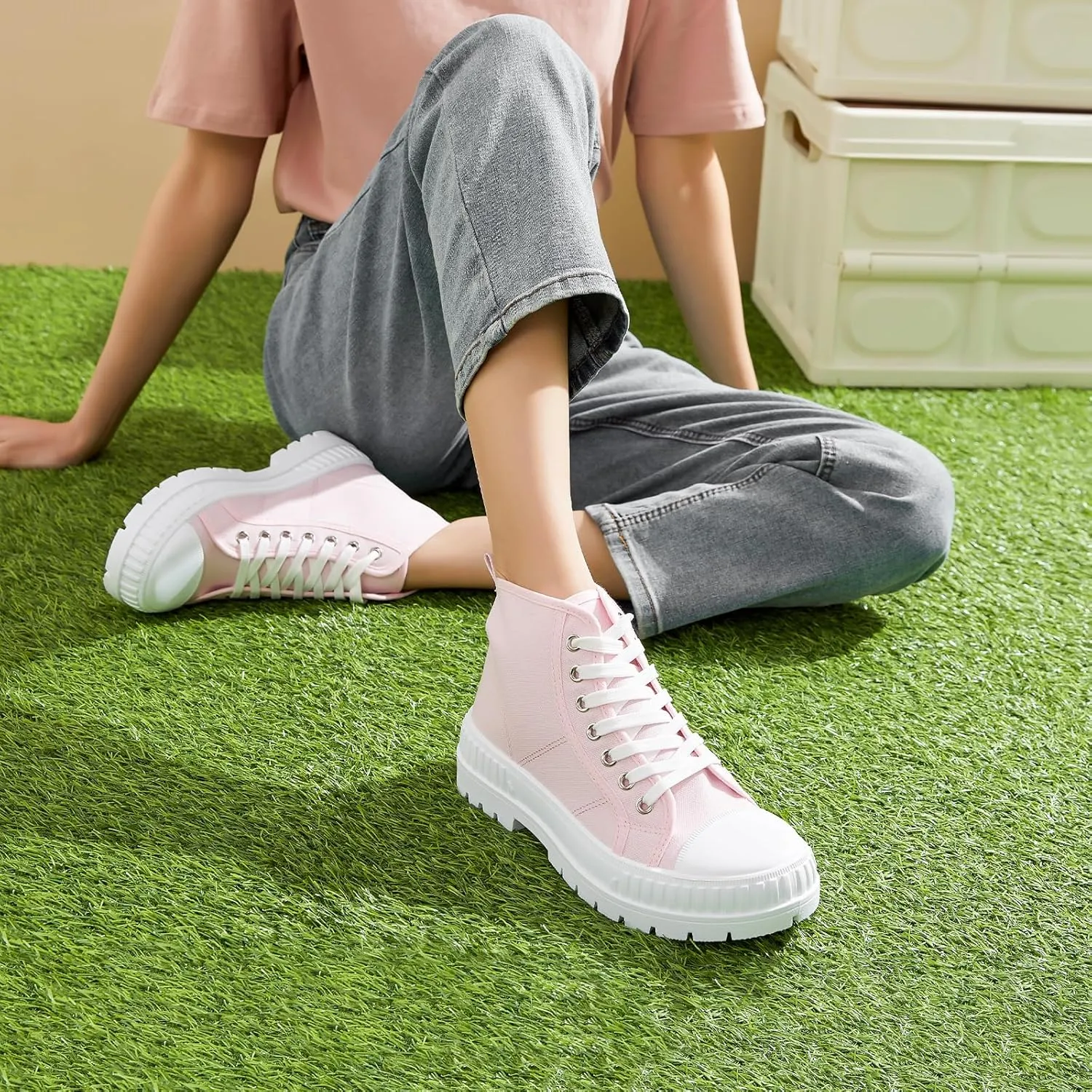 Rominz Women's White Platform Sneakers Fashion High Top Canvas Shoes for Women Black Lace-Up Canvas Sneakers Casual Platform Tennis Shoes