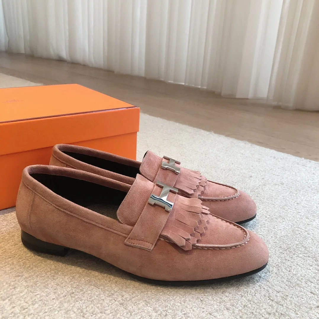 Royal Loafer Pink Suede Calfskin With Fringe Detail And Silver Signature Buckle 509432