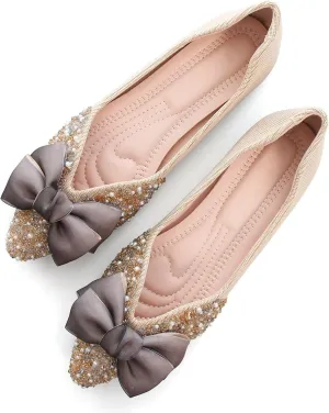 SAILING LU Bow-Knot Ballet Flats for Women Pointed Toe Rhinestones Dress Shoes Comfort Lightweight Loafers