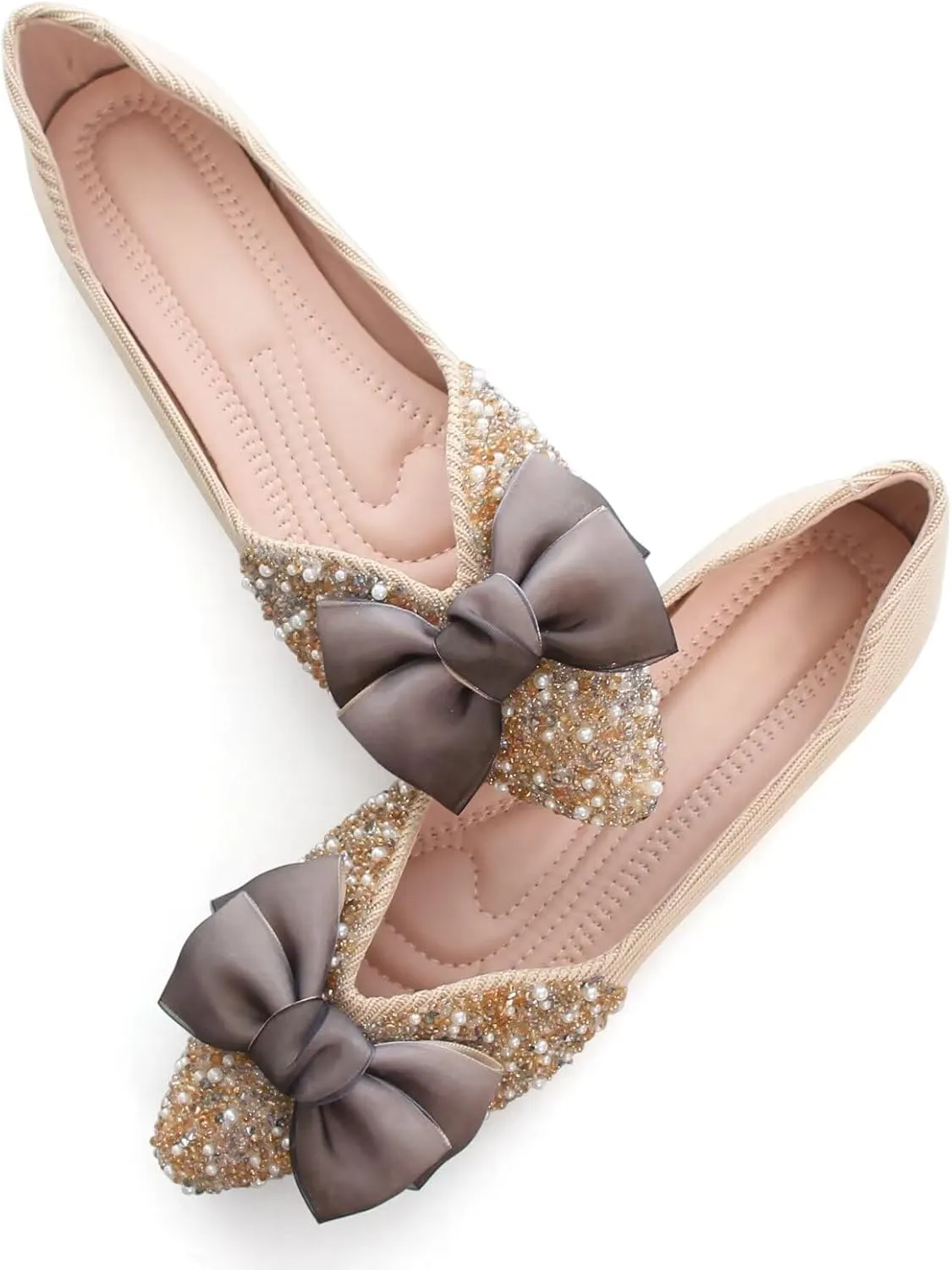 SAILING LU Bow-Knot Ballet Flats for Women Pointed Toe Rhinestones Dress Shoes Comfort Lightweight Loafers