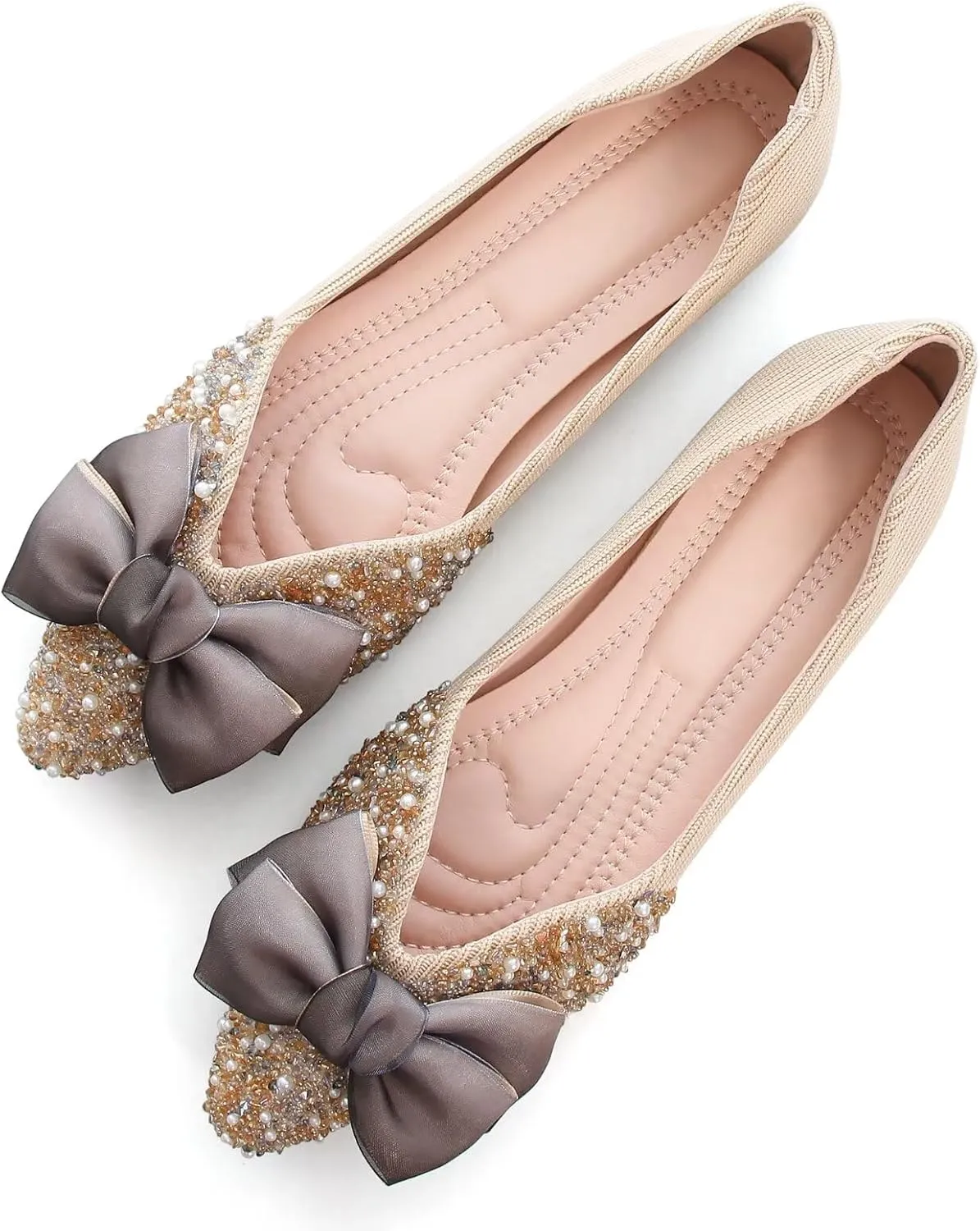 SAILING LU Bow-Knot Ballet Flats for Women Pointed Toe Rhinestones Dress Shoes Comfort Lightweight Loafers