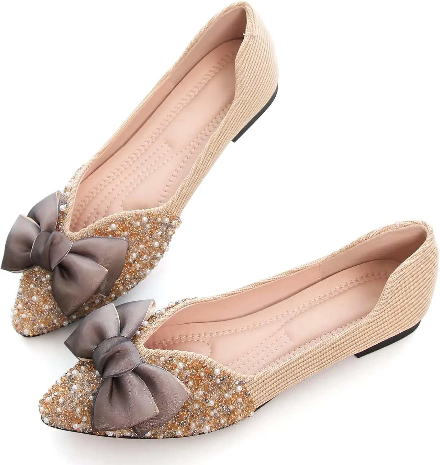 SAILING LU Bow-Knot Ballet Flats for Women Pointed Toe Rhinestones Dress Shoes Comfort Lightweight Loafers