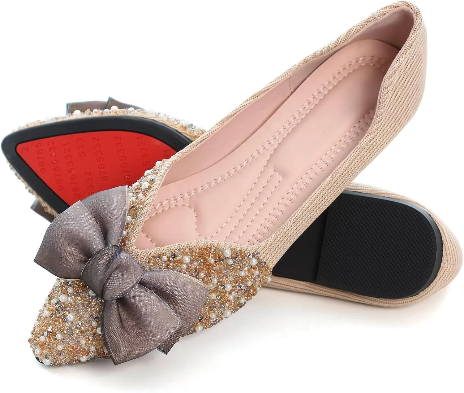 SAILING LU Bow-Knot Ballet Flats for Women Pointed Toe Rhinestones Dress Shoes Comfort Lightweight Loafers