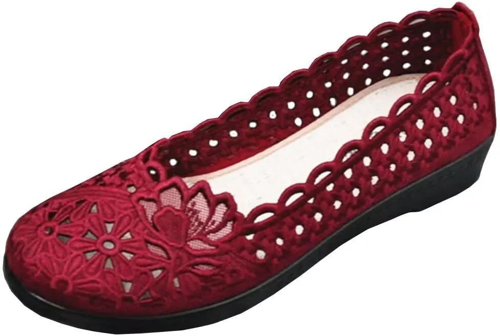 SAILING LU Women's Breathable Crochet Lace Ballet Flat Floral Casual Round Toe Loafers Shoes