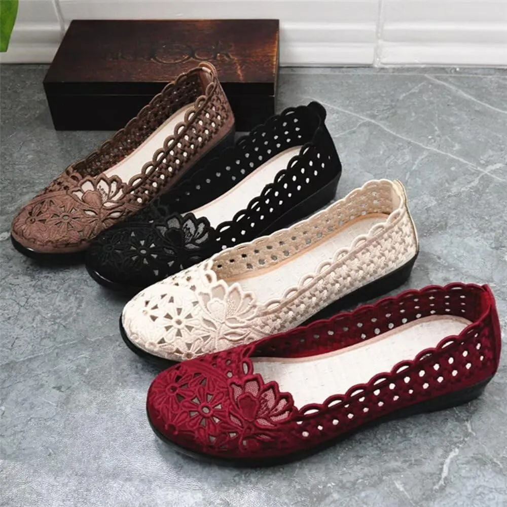 SAILING LU Women's Breathable Crochet Lace Ballet Flat Floral Casual Round Toe Loafers Shoes