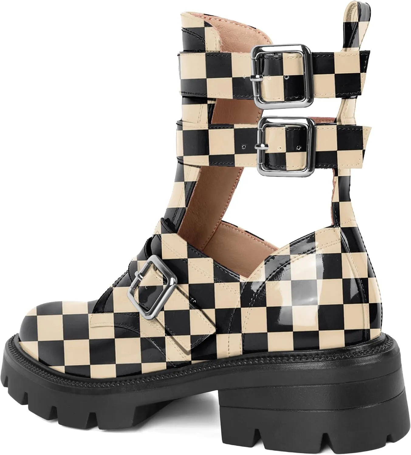 SAMMITOP Women Lug Sole Low Heel Ankle Boots Fashion Round Toe Cutout Combat Boots Metal Buckle Goth Ankle Booties 2 Inch