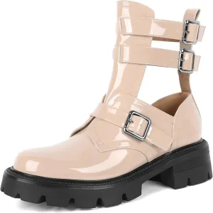 SAMMITOP Women Lug Sole Low Heel Ankle Boots Fashion Round Toe Cutout Combat Boots Metal Buckle Goth Ankle Booties 2 Inch