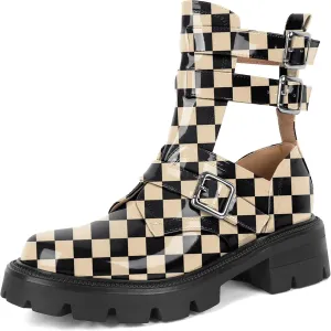 SAMMITOP Women Lug Sole Low Heel Ankle Boots Fashion Round Toe Cutout Combat Boots Metal Buckle Goth Ankle Booties 2 Inch