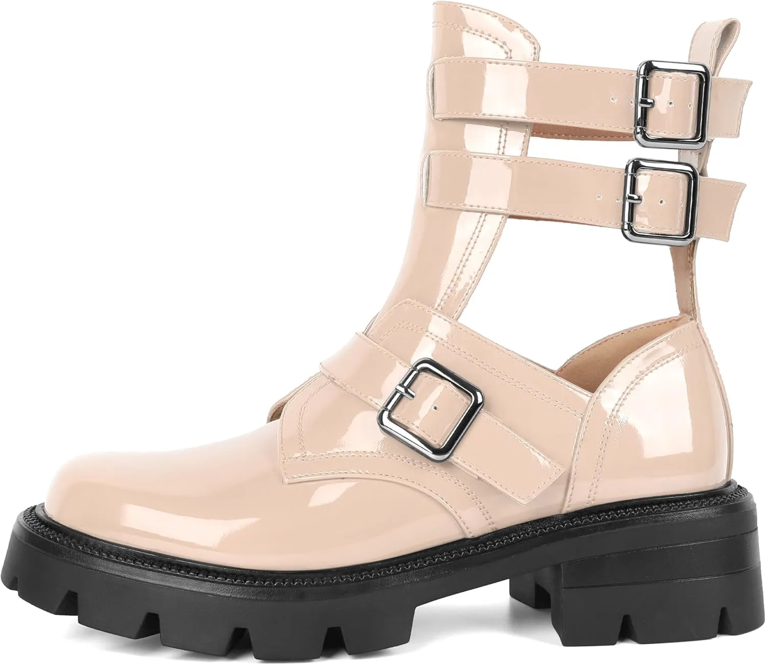 SAMMITOP Women Lug Sole Low Heel Ankle Boots Fashion Round Toe Cutout Combat Boots Metal Buckle Goth Ankle Booties 2 Inch