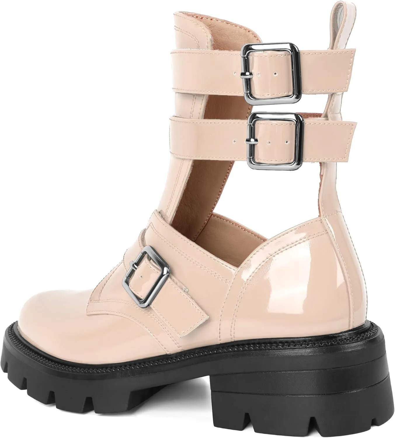 SAMMITOP Women Lug Sole Low Heel Ankle Boots Fashion Round Toe Cutout Combat Boots Metal Buckle Goth Ankle Booties 2 Inch