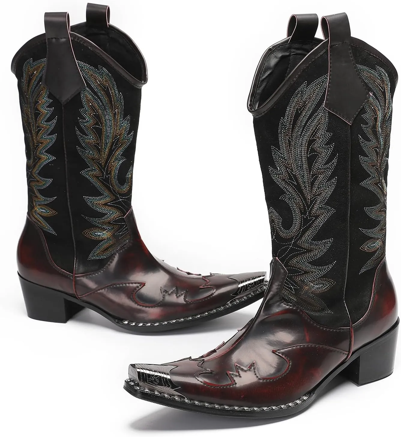 Santimon Cowboy Boots for Men Genuine Leather Metal Wingtip Toe Fashion Embroidered Western Boots- Handcrafted Luxury Men's Pull On Boots for Work and Casual Wear