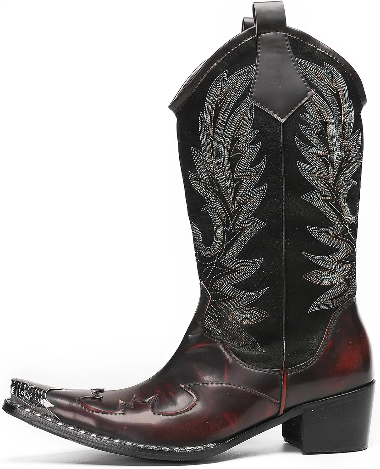 Santimon Cowboy Boots for Men Genuine Leather Metal Wingtip Toe Fashion Embroidered Western Boots- Handcrafted Luxury Men's Pull On Boots for Work and Casual Wear