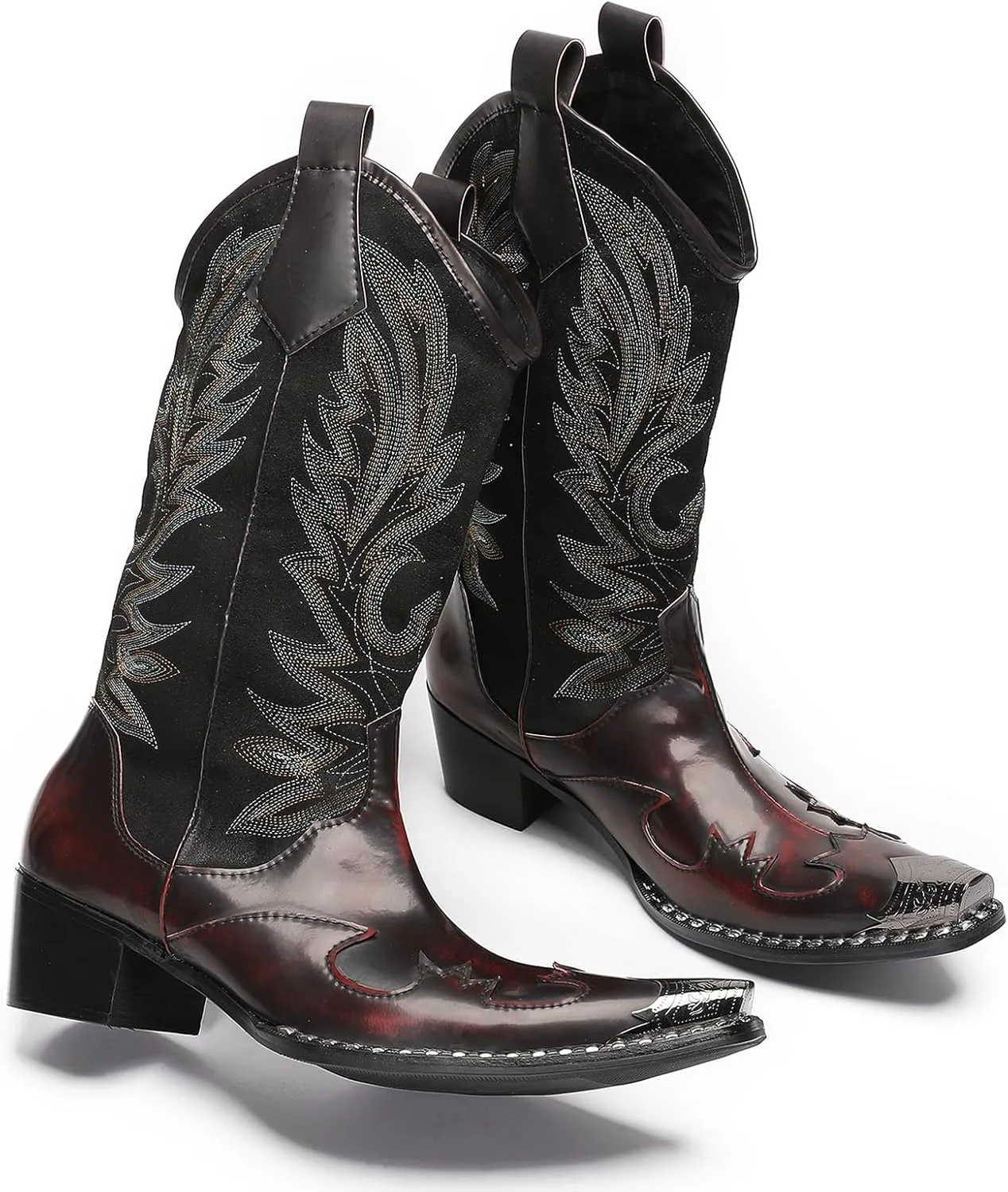 Santimon Cowboy Boots for Men Genuine Leather Metal Wingtip Toe Fashion Embroidered Western Boots- Handcrafted Luxury Men's Pull On Boots for Work and Casual Wear