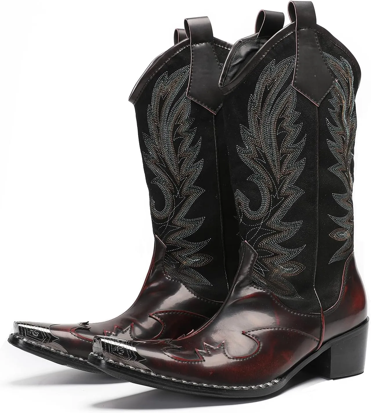 Santimon Cowboy Boots for Men Genuine Leather Metal Wingtip Toe Fashion Embroidered Western Boots- Handcrafted Luxury Men's Pull On Boots for Work and Casual Wear