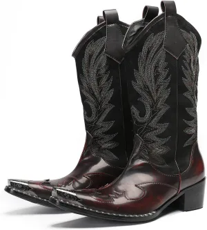 Santimon Cowboy Boots for Men Genuine Leather Metal Wingtip Toe Fashion Embroidered Western Boots- Handcrafted Luxury Men's Pull On Boots for Work and Casual Wear