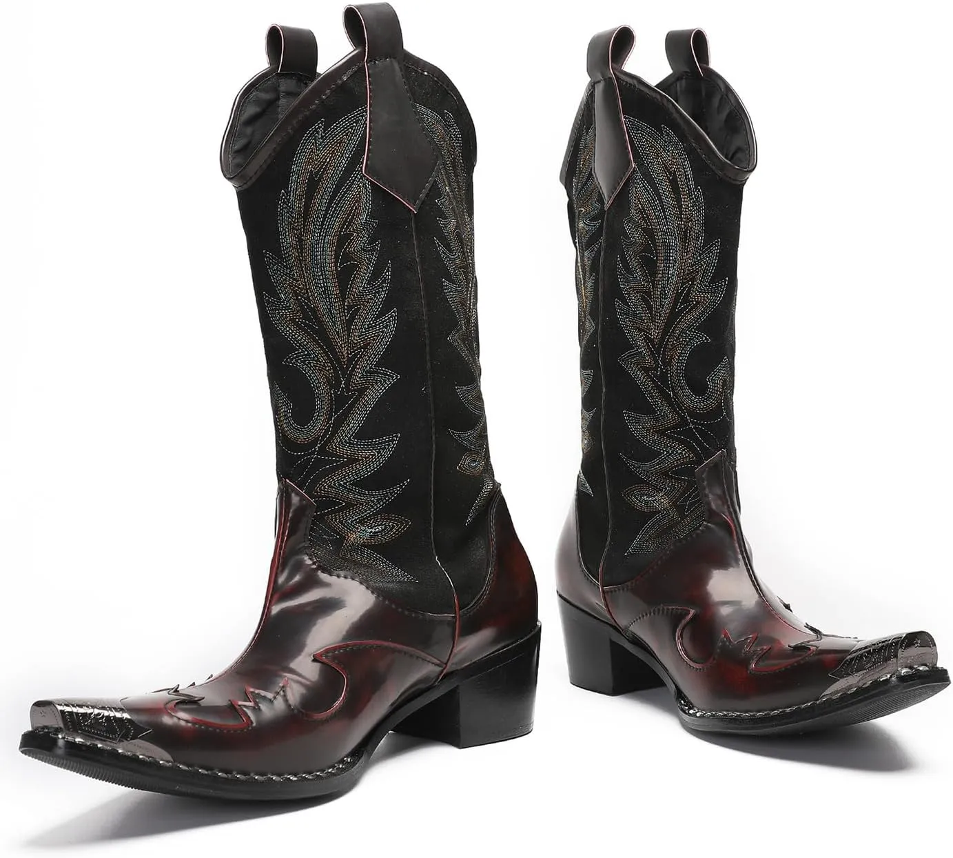 Santimon Cowboy Boots for Men Genuine Leather Metal Wingtip Toe Fashion Embroidered Western Boots- Handcrafted Luxury Men's Pull On Boots for Work and Casual Wear