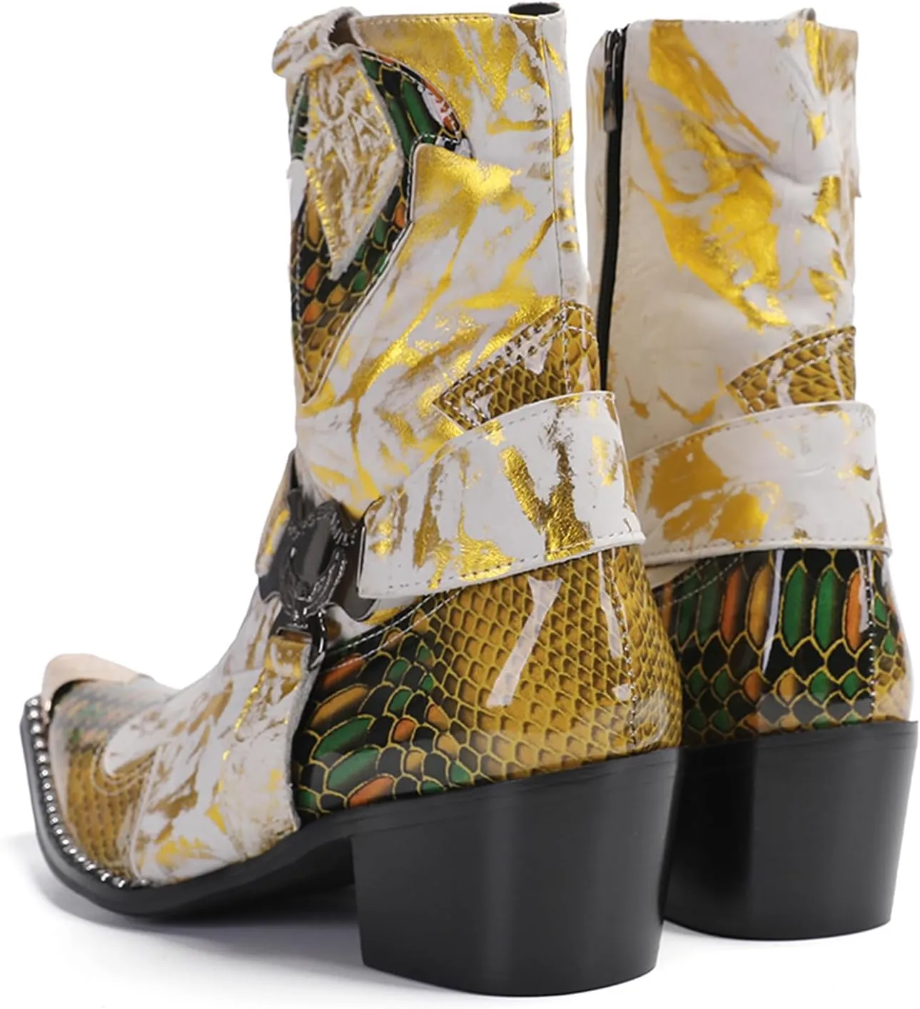 Santimon Men's Genuine Leather Cowboy Boots – Western Dress Boots with Buckle & Chain Details | Metal Wingtip Toe for Casual, Party & Wedding Wear | High-Top Fashion for Ballroom, Prom & Motorcycle Style