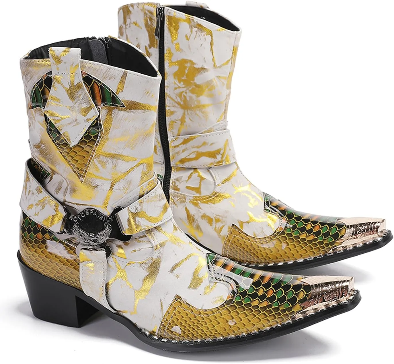 Santimon Men's Genuine Leather Cowboy Boots – Western Dress Boots with Buckle & Chain Details | Metal Wingtip Toe for Casual, Party & Wedding Wear | High-Top Fashion for Ballroom, Prom & Motorcycle Style