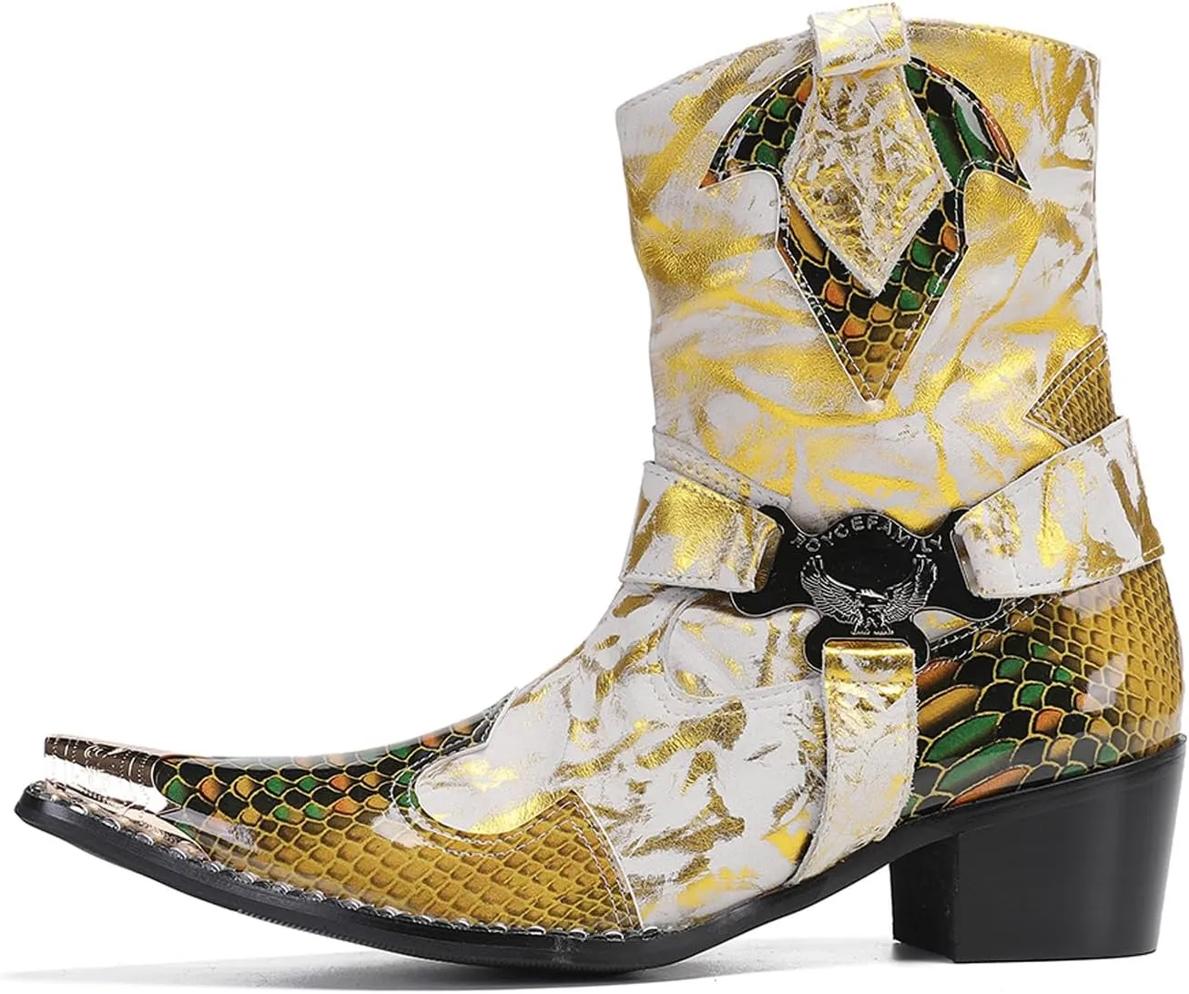 Santimon Men's Genuine Leather Cowboy Boots – Western Dress Boots with Buckle & Chain Details | Metal Wingtip Toe for Casual, Party & Wedding Wear | High-Top Fashion for Ballroom, Prom & Motorcycle Style