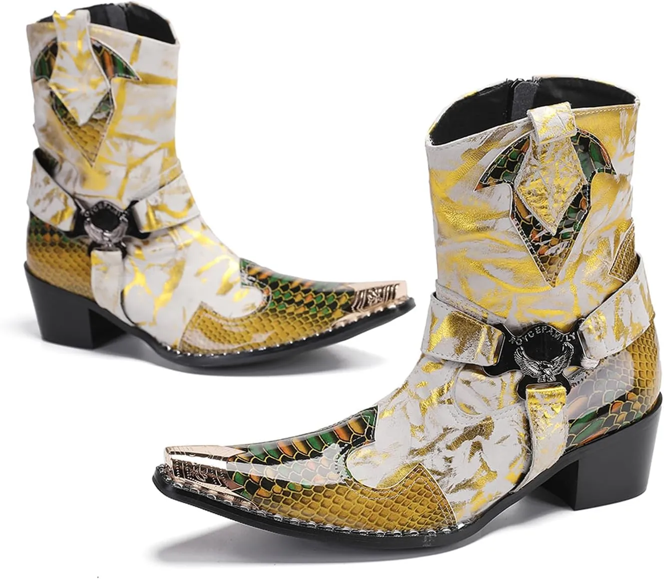 Santimon Men's Genuine Leather Cowboy Boots – Western Dress Boots with Buckle & Chain Details | Metal Wingtip Toe for Casual, Party & Wedding Wear | High-Top Fashion for Ballroom, Prom & Motorcycle Style