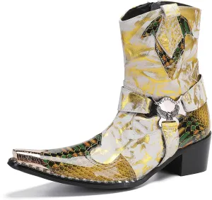 Santimon Men's Genuine Leather Cowboy Boots – Western Dress Boots with Buckle & Chain Details | Metal Wingtip Toe for Casual, Party & Wedding Wear | High-Top Fashion for Ballroom, Prom & Motorcycle Style