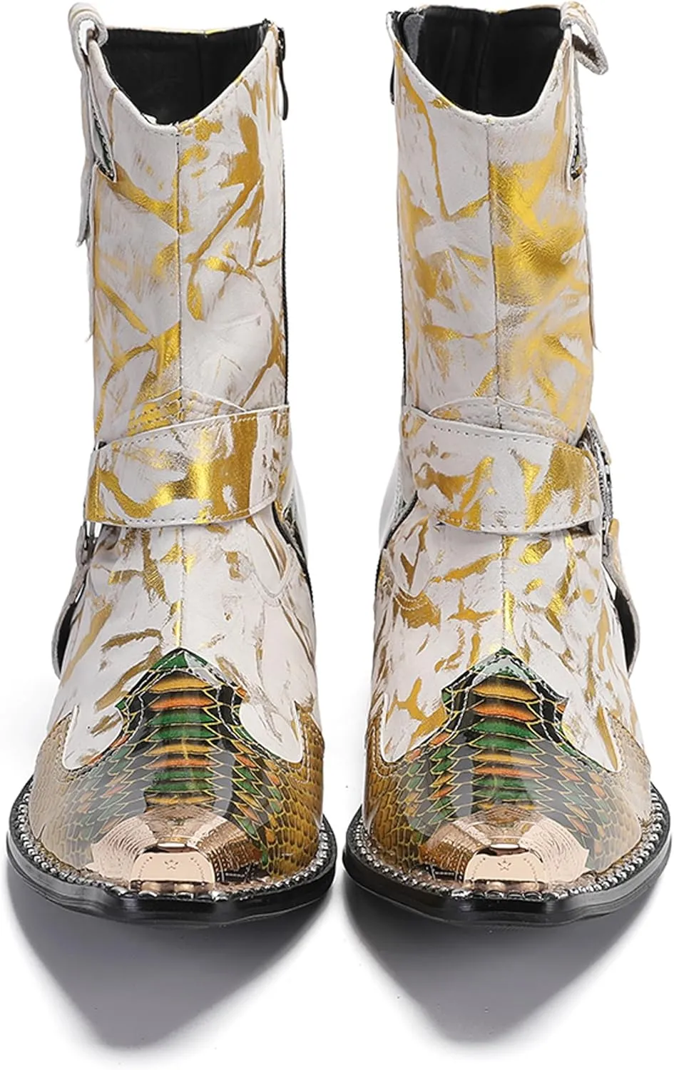 Santimon Men's Genuine Leather Cowboy Boots – Western Dress Boots with Buckle & Chain Details | Metal Wingtip Toe for Casual, Party & Wedding Wear | High-Top Fashion for Ballroom, Prom & Motorcycle Style