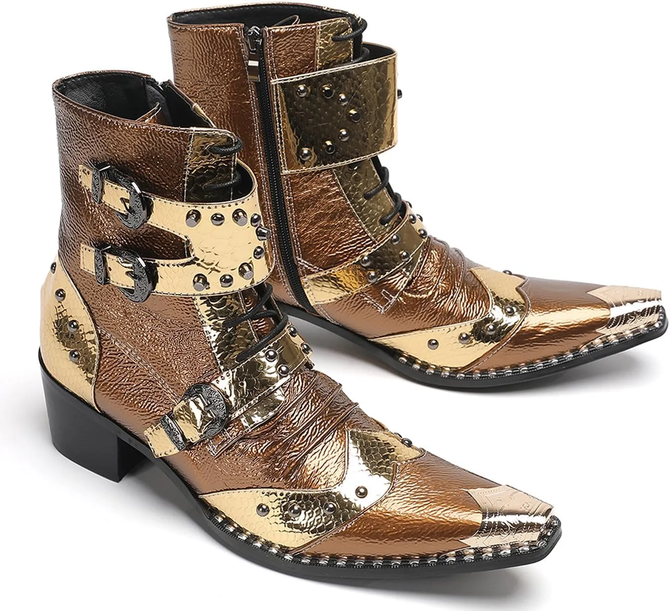 Santimon Men's Genuine Leather Cowboy Boots - Western Dress Boots with Metal Toe & Buckles | Mid-Calf Party, Rock & Motorcycle Boots