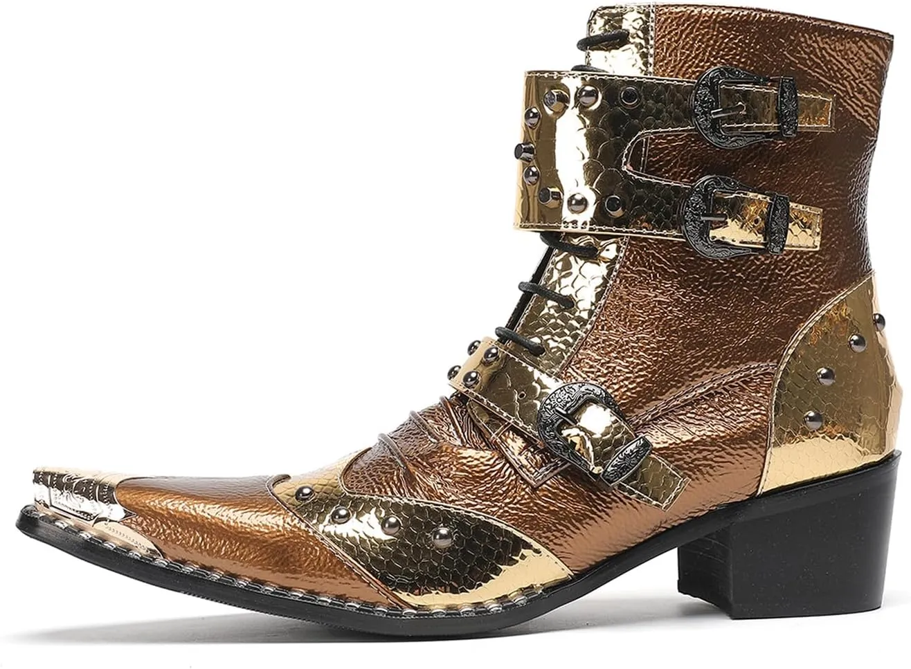 Santimon Men's Genuine Leather Cowboy Boots - Western Dress Boots with Metal Toe & Buckles | Mid-Calf Party, Rock & Motorcycle Boots